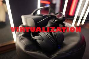 Virtualization concept. Professional headphones with microphone and vr glasses for video games and cyber sports on background. photo