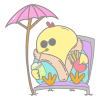 Illustration von süß Gelb Küken Karikatur, Sonnenbaden auf das Strand png
