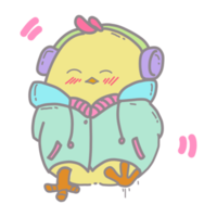 Cartoon illustration of a cute yellow chick, listening to music png
