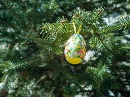 Easter Eggs on the trees. Traditional bulgarian national decoration for Easter. photo