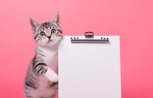 A cute cat with blank whiteboard on isolated pink pastel background, playful and adorable pet, photo