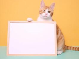 A cute tabby orange cat with blank whiteboard on isolated pastel background, playful and adorable pet, photo