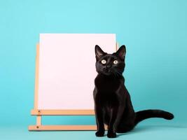 A cute black cat with blank whiteboard on isolated blue color background, playful and adorable pet, photo