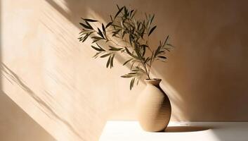 moderno verano mínimo de aceituna árbol rama en luz de sol con largo oscuridad en beige pared fondo, Copiar espacio interior estilo de vida Mediterráneo escena, generativo ai foto