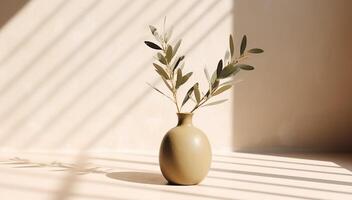 Modern summer minimal of olive tree branch in sunlight with long shadows on beige wall background, copy space interior lifestyle Mediterranean scene, photo