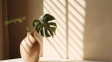 Modern summer minimal of monstera plant branch in sunlight with long shadows on beige wall background, copy space interior lifestyle Mediterranean scene, photo