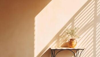 Modern summer minimal of olive tree on table in sunlight with long shadows on beige wall background, copy space interior lifestyle Mediterranean scene, photo