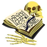 A book with magic spells, witchcraft, divination and the skull and bones of the hand. Fantastic grimoires on alchemy, ancient volumes of fairy tales or games with esoteric recipes and mystical charms vector