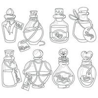 Potion bottles with magic elixir and tags, cartoon glass flasks with unknown witch poisons in contour style. Vector illustration of alchemical bottles drawn by hand. Witch potions for Halloween magic