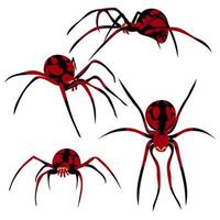 A set of spiders in different angles. Silhouette of a black and red poisonous spider with patterns on the body. A dangerous spider from different sides on a white background. An element for Halloween vector