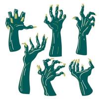 A set of zombie hands in retro style with highlights on a white background. An isolated collection of rotten blue hands with damage. Hands from the graves. Printing for Halloween party cards, stickers vector