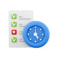 3d rendering timing concept with clock and check list on clipboard icon, 3d render clipboard with complete checklist icon. Timing concept with clock and check list on clipboard. png