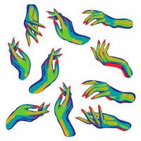 A set of mystical bright witch hands during witchcraft. Slim, elegant hands in juicy colors green, yellow, blue. Hands up to the wrist in different poses. Ideal for printing on textiles vector