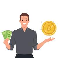 Man thinking about buying bitcoin. Male character standing with question mark and currency symbols flat vector illustration. Bitcoin investment concept