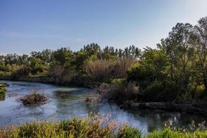 spanish landscape by the Gallego river in Aragon on a warm summer sun day with green trees and blue skies photo