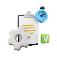 3d rendering clipboard with alarm clock and gear icon. 3d render timer gear and blank note icon. Clipboard with alarm clock and gear. png