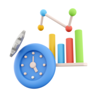 3d rendering alarm clock with gear growth bar graph icon. 3d render blue timer with growth bar graph icon.. Alarm clock with gear growth bar graph. png