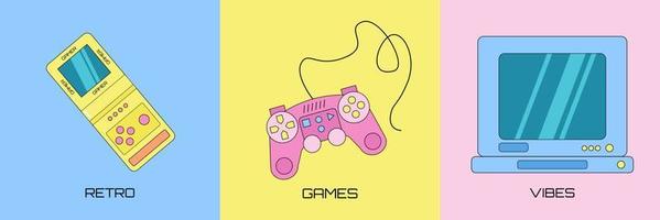 Set of three retro gaming elements, game console, gamepad and old fashioned computer monitor on a colorful background. vector