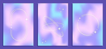 Y2k three vector gradient backgrounds with white frames with stars, retro collection graphic design elements.