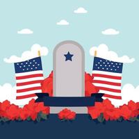 grave in cemetery with red flowers and flag of the united states vector