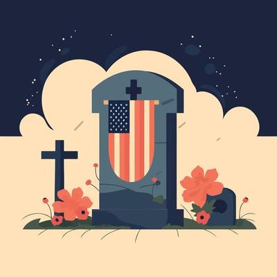 grave in cemetery with red flowers and flag of the united states