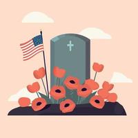 tumba en cementerio con rojo flores y bandera de el unido estados vector