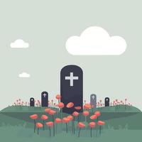 tomb in cemetery with red flowers vector