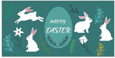 Vector Illustration of Happy Easter Holiday with Painted Egg, Rabbit Ears and Flower on Shiny Blue Background. International Celebration Design with Typography for Greeting Card, Party Invitation or