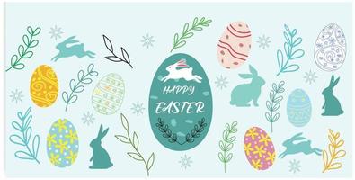 Vector Illustration of Happy Easter Holiday with Painted Egg, Rabbit Ears and Flower on Shiny Blue Background. International Celebration Design with Typography for Greeting Card, Party Invitation or