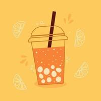 burbuja té naranja limonada en taza con tapa y Paja vector