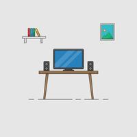 minimal workspace design office desk workstation design flat screen speakers table books vector