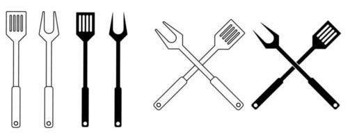 contorno silueta cruzado tenedor y espátula para barbacoa parilla parrilla icono conjunto aislado en blanco antecedentes vector