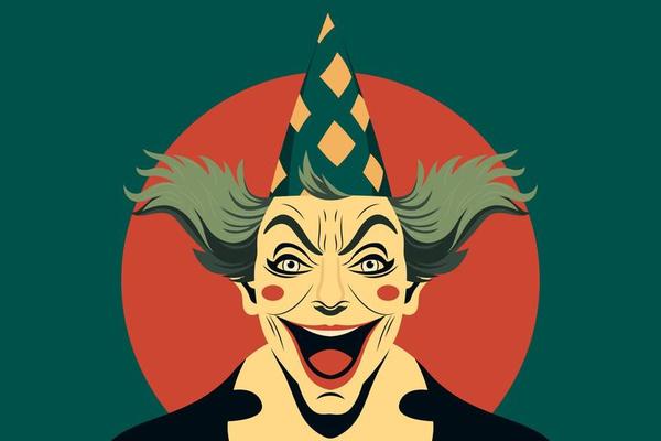 April 1, the day of laughter. Crazy funny character laughing. Illustration of a jester in a holiday hat, clown, holiday illustration for a banner, background or greeting card