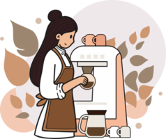 Female barista making coffee from coffee machine illustration in doodle style png