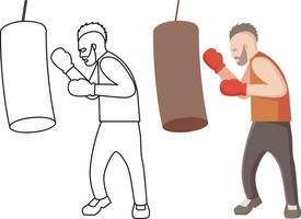 Boxer with punching bag. Sports training. Line art and colorful illustration. Boxer with red gloves punching to the bag. vector