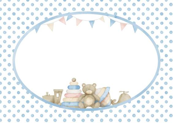 Rectangular Frame with kid Toys for Baby Shower greeting cards or invitations. Hand drawn watercolor Template in pastel blue and beige colors for birthday party with space for text for boy or girl