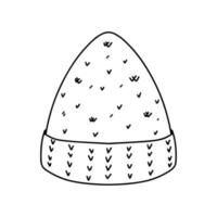 Knitted hat in hand drawn doodle style. Vector illustration isolated on white. Coloring page.