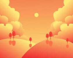 A cartoon of trees on a hill with the sun setting in the background. vector