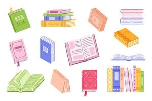 Set of literature, dictionaries, encyclopedias with bookmarks. Books in a stack, open, in a group, closed, on the shelf. Color flat vector illustration isolated on white background.