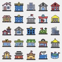 Icon set of building. Building elements. Icons in filled line style. Good for prints, web, posters, logo, site plan, map, infographics, etc. vector