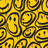 Groovy smile seamless pattern in Urban street art style on yellow background. Graphic underground unisex design for t-shirts. Hipster retrowave with 90s style. Psychedelic rave background. vector