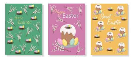 Set of templates for holiday cards. Illustrations of Easter cakes with colored eggs in nests and willow branches. vector