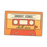 Retro groovy hippie 70s sticker. Groovy vibes mix tape sticker in trendy retro psychedelic cartoon style. vector