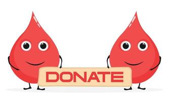 Cute drops of blood holding sign donate.  Blood character with arms and legs, smiling. Blood donor day character. Red drop. vector image on white background