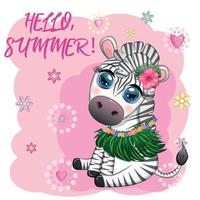 Cute zebra in hula dancer costume, Hawaii, child character. Summer holidays, vacation vector