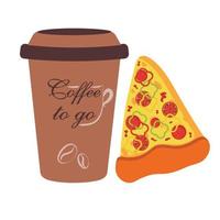 Coffee and pizza, quick breakfast. Vector design of coffee to go and pizza on white background.