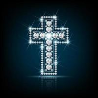 Religious cross made of sparkling diamonds. Realistic vector on dark background