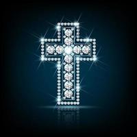 Religious cross made of sparkling diamonds. Realistic vector on dark background