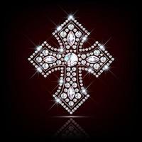 Religious cross made of sparkling diamonds. Realistic vector on dark background