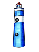 Lighthouse is blue and white with a red roof. PNG illustration marine life.